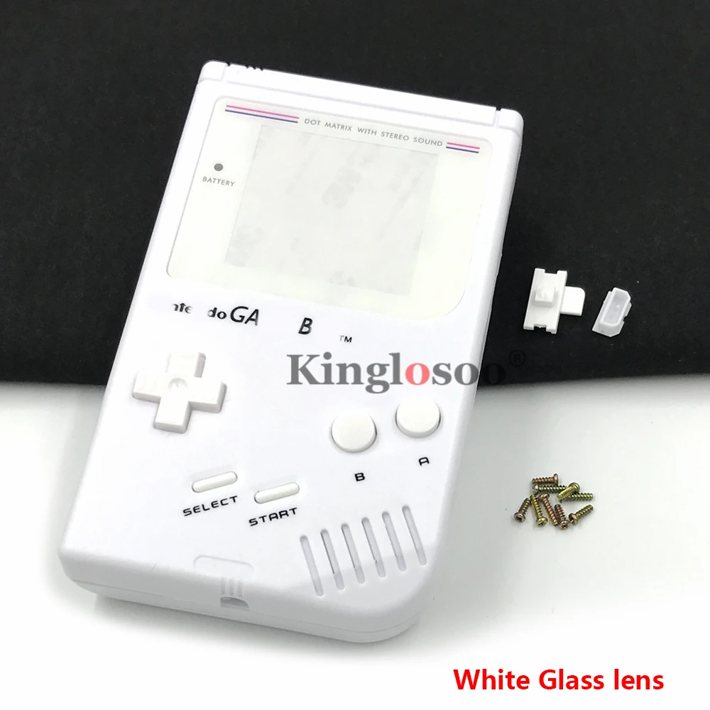 

Full white shell case for Nintendo Gameboy GB DMG Classic Game Console housing cover w/ white glass lens buttons rubber pads