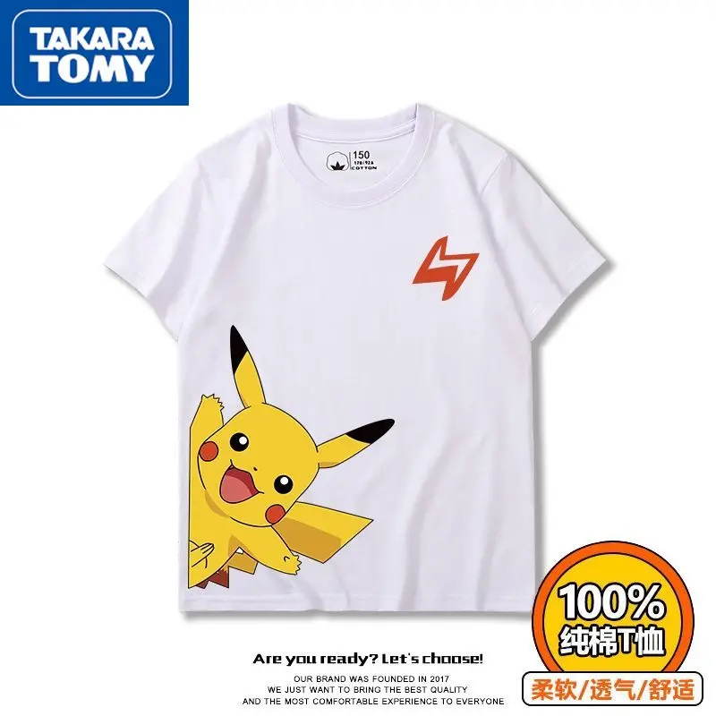 

TAKARA TOMY Summer Pikachu Children's Cotton Cute Print Parent-child Short-sleeved Boys and Girls Loose Breathable T-shirt Top