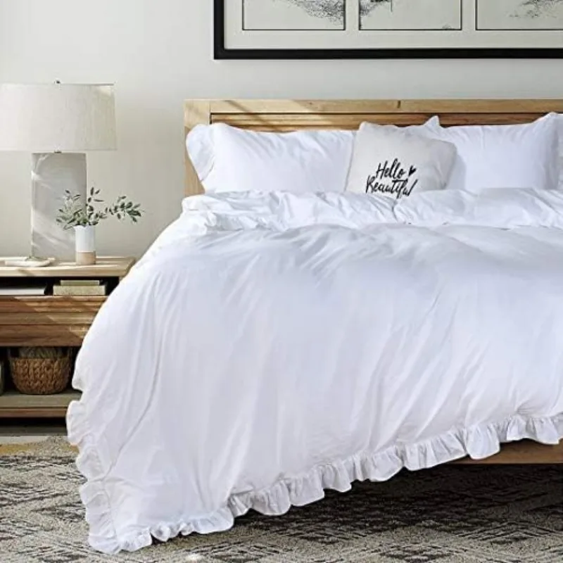 

White Ruffle Duvet Cover Queen 100% Washed Cotton Farmhouse Shabby Boho Chic Bedding Comforter Quilt Cover 3 Pieces Vintage