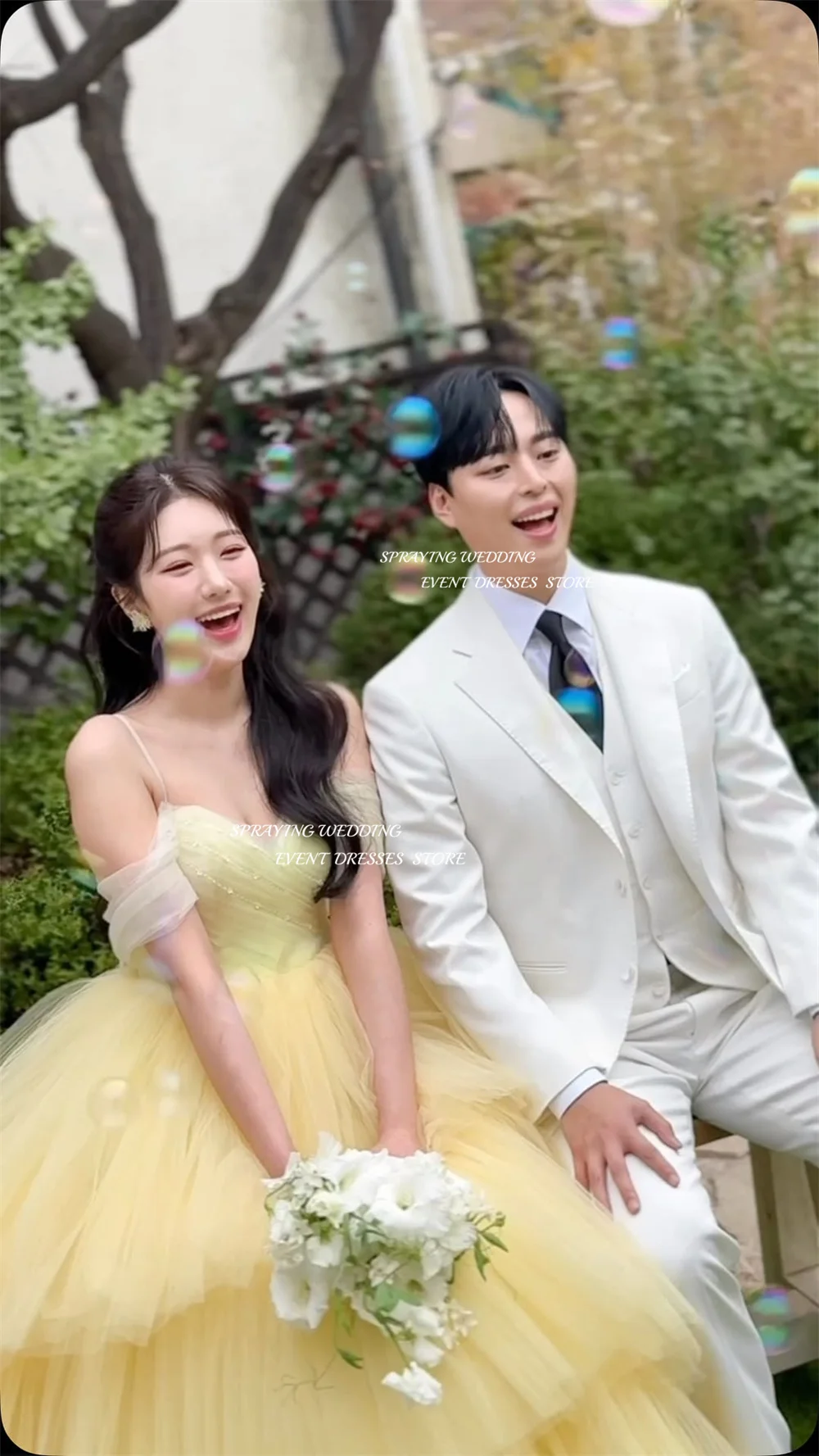 SPRAYING – robe de soirée de luxe en Tulle, col en V, jaune, épaules dénudées, pour séance Photo de mariage coréen, longue, Corset à plusieurs niveaux, personnalisé