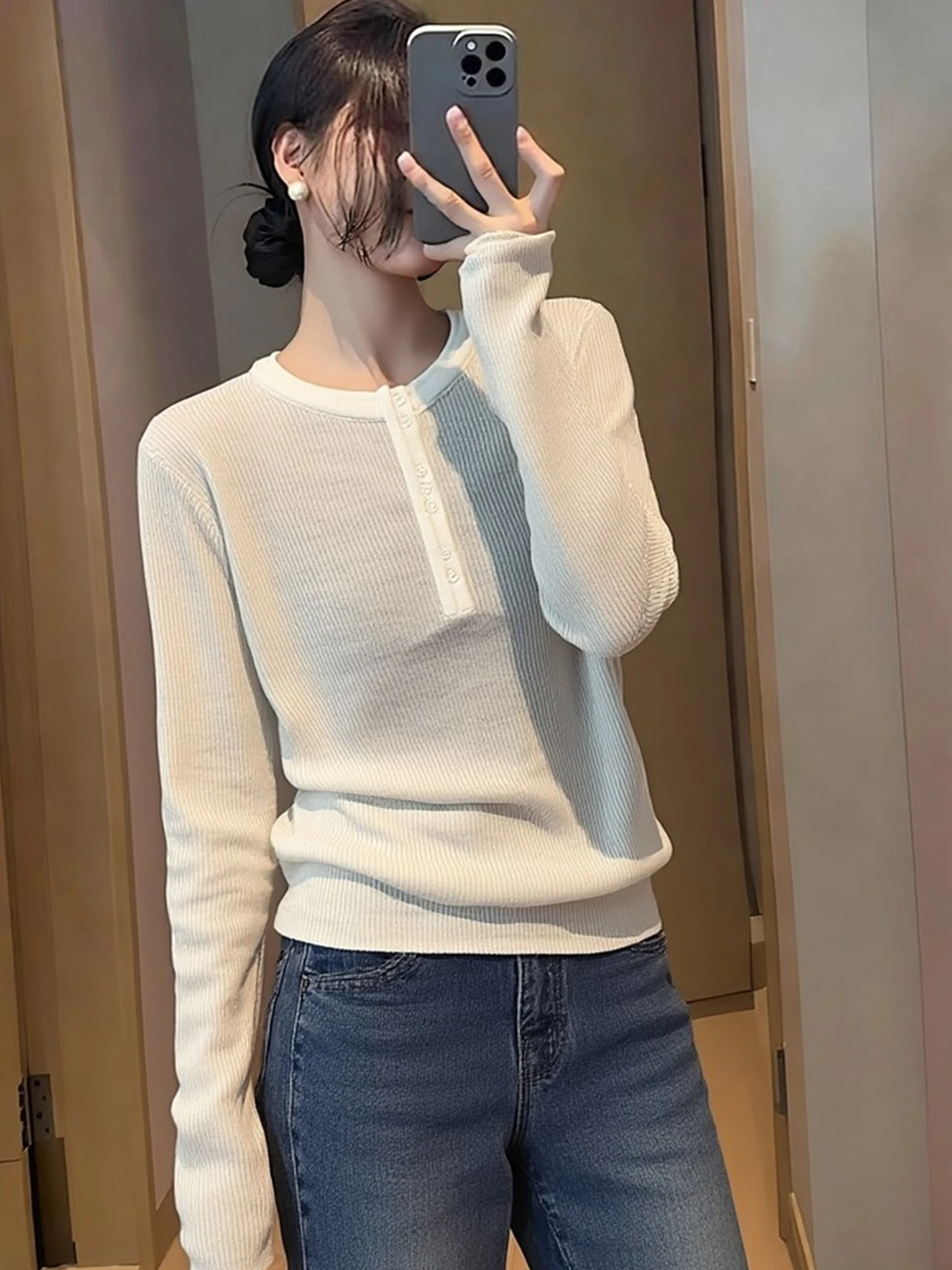 

Ele Simple Color Knitwear Long Sve Commute Versatile Top Lazy Sle Spring Faion Women's Camere Sweater