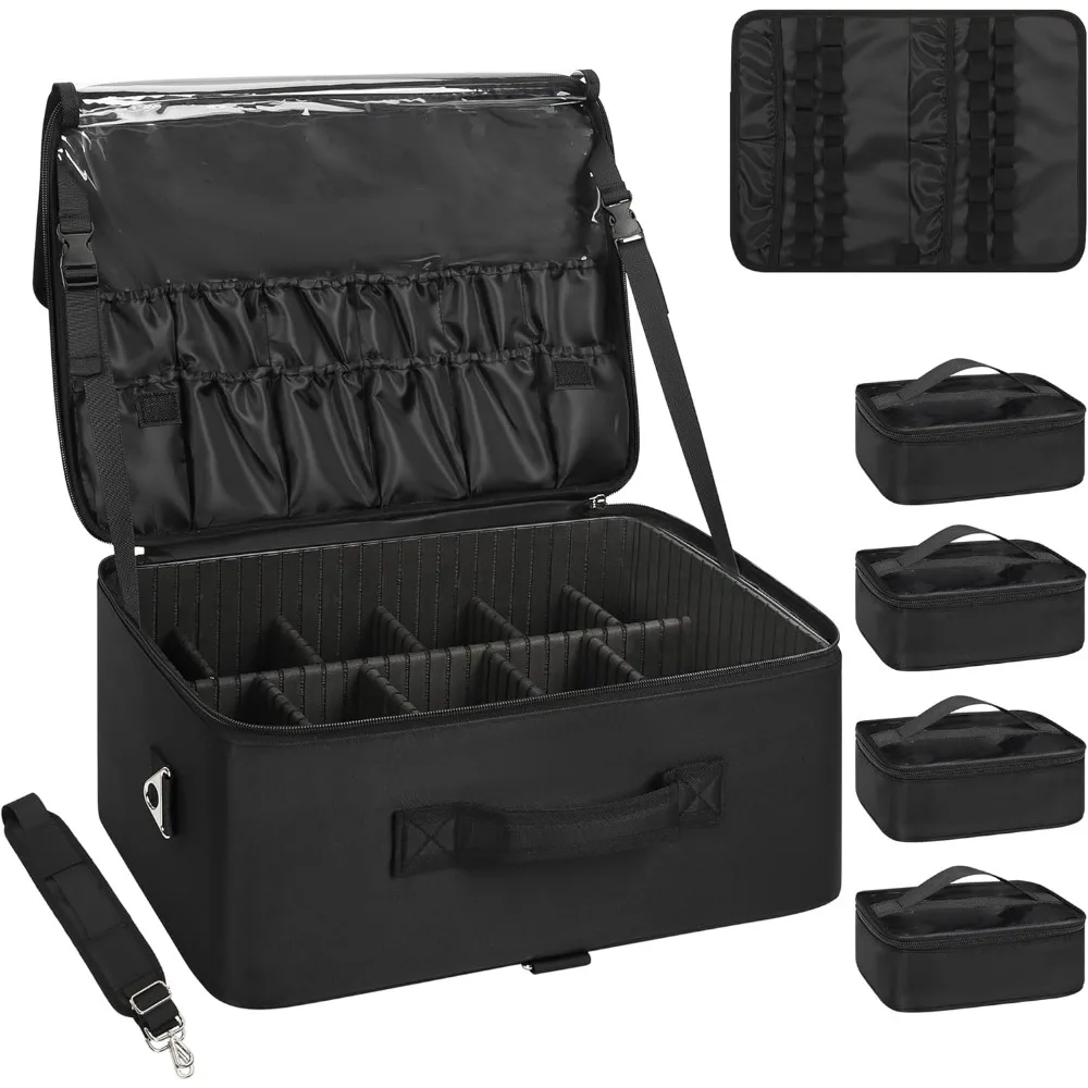 

Extra Large Makeup Case with Adjustable Dividers, Shoulder Strap, and Clear Bags for Professional Artists