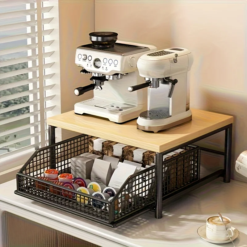 

Kitchen Countertop Organizer with Drawer & Wire Basket - Sturdy Hardwood & Metal 2-Tier Storage Shelf for Coffee Maker, Utensils