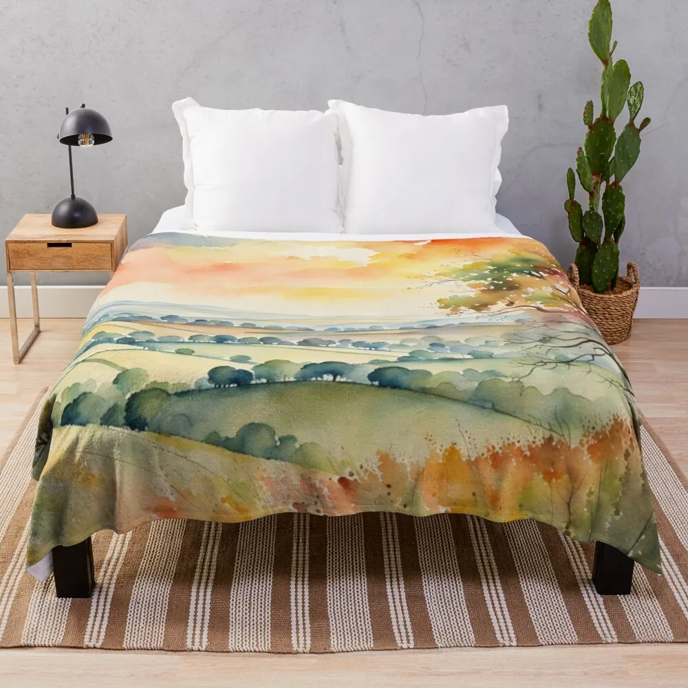 Country Sunset Landscape Summertime Watercolour Painting Throw Blanket warm for winter Hair Blankets