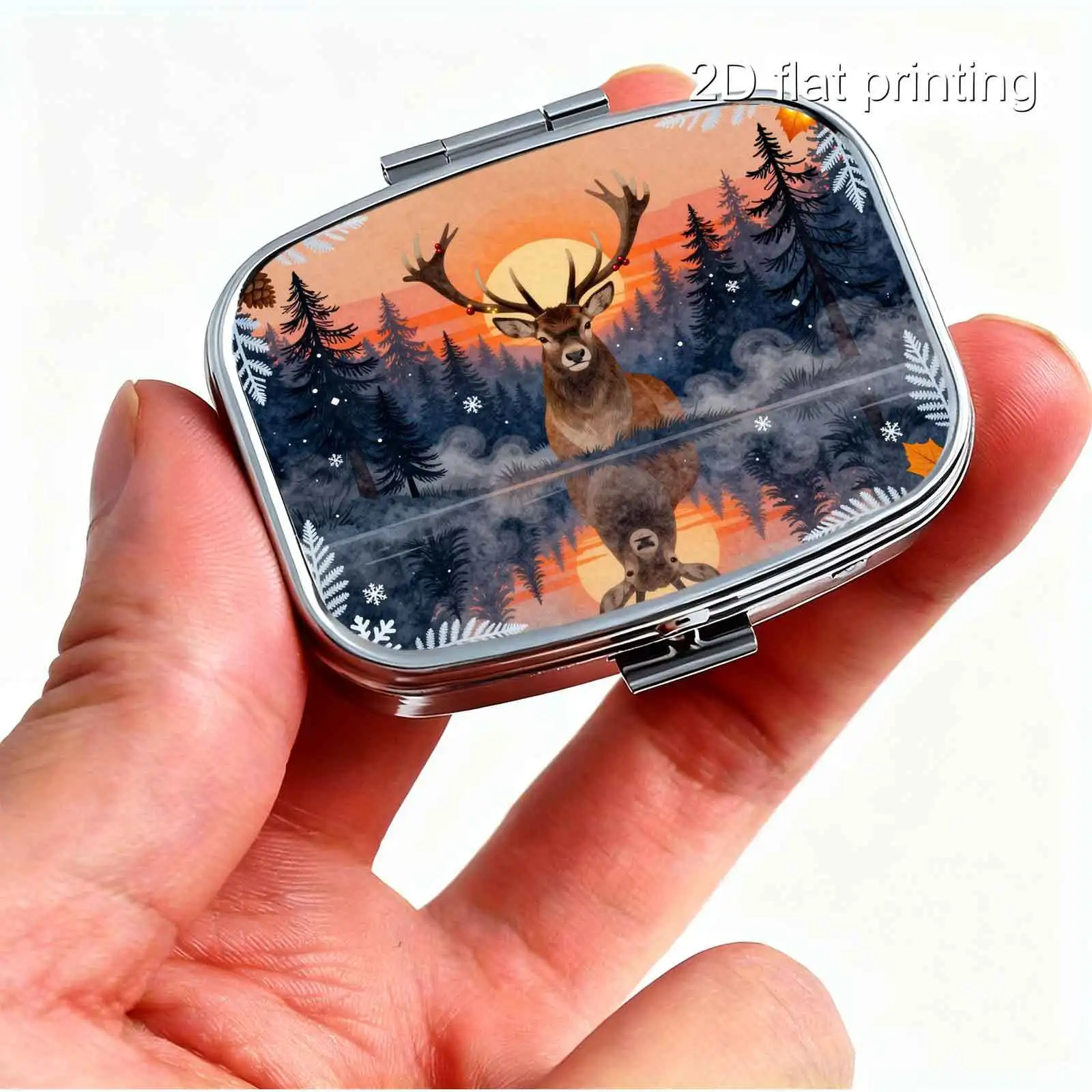 Sunset Forest Elk Mirror Reflection Maple Leaves Snowflakes Winter Retro Illustration Pattern, Square Two-Compartment Small Pill Box, Portable Medicine Storage, Small Jewelry Storage, Suitable for Handbags or Travel, Holiday Gifts, Souvenirs, Prizes, Small Gifts, for Personal Use or as an Exquisite Gift