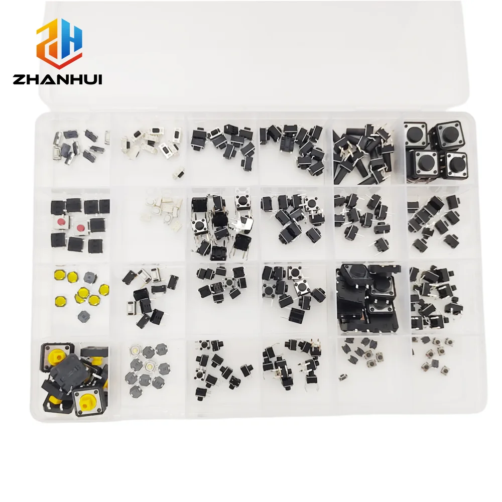 240Pcs 24 Types Tact Push Button Switch Assortment Kit SMD DIP Mini Reset Leaf Switch 2x4 3x6 4x4 6x6mm for DIY Electronics
