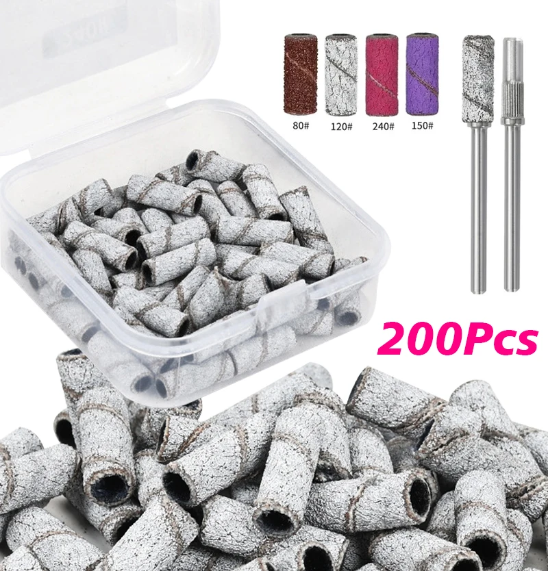 60-200Pcs 3mm Nail Art Sanding Bands 80/120/180/240 Grit with Nail Drill Bits Nail File for Manicures and Pedicure Accessories