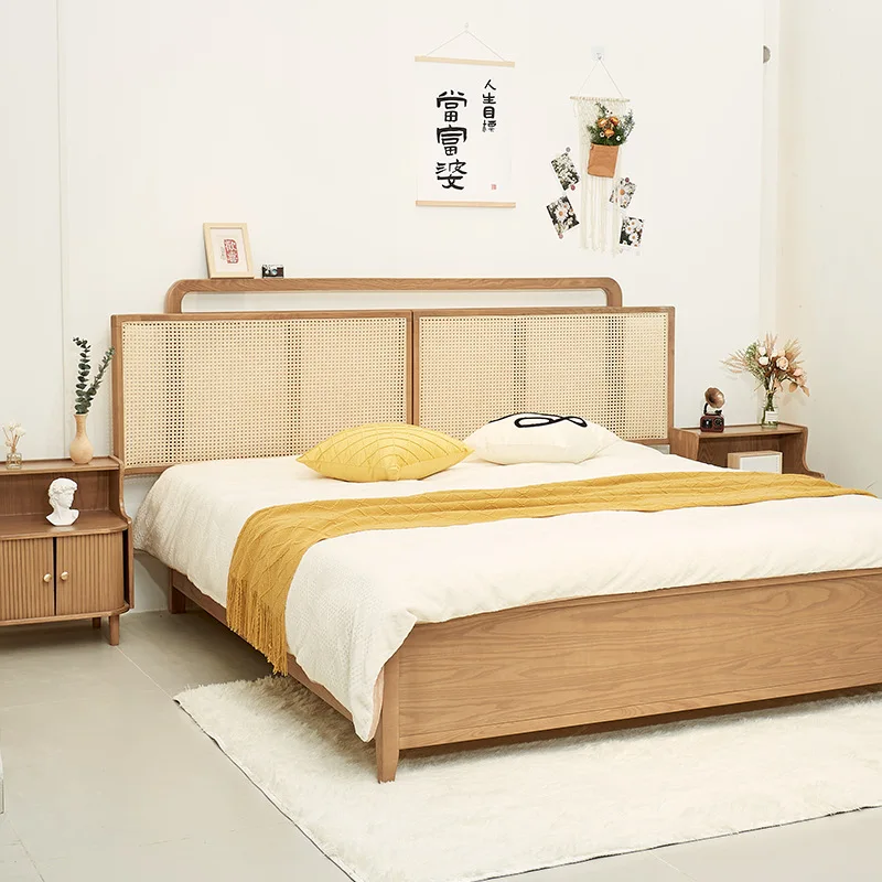 Solid wood bed, large bed rattan bed, ash wood style, simple master bed