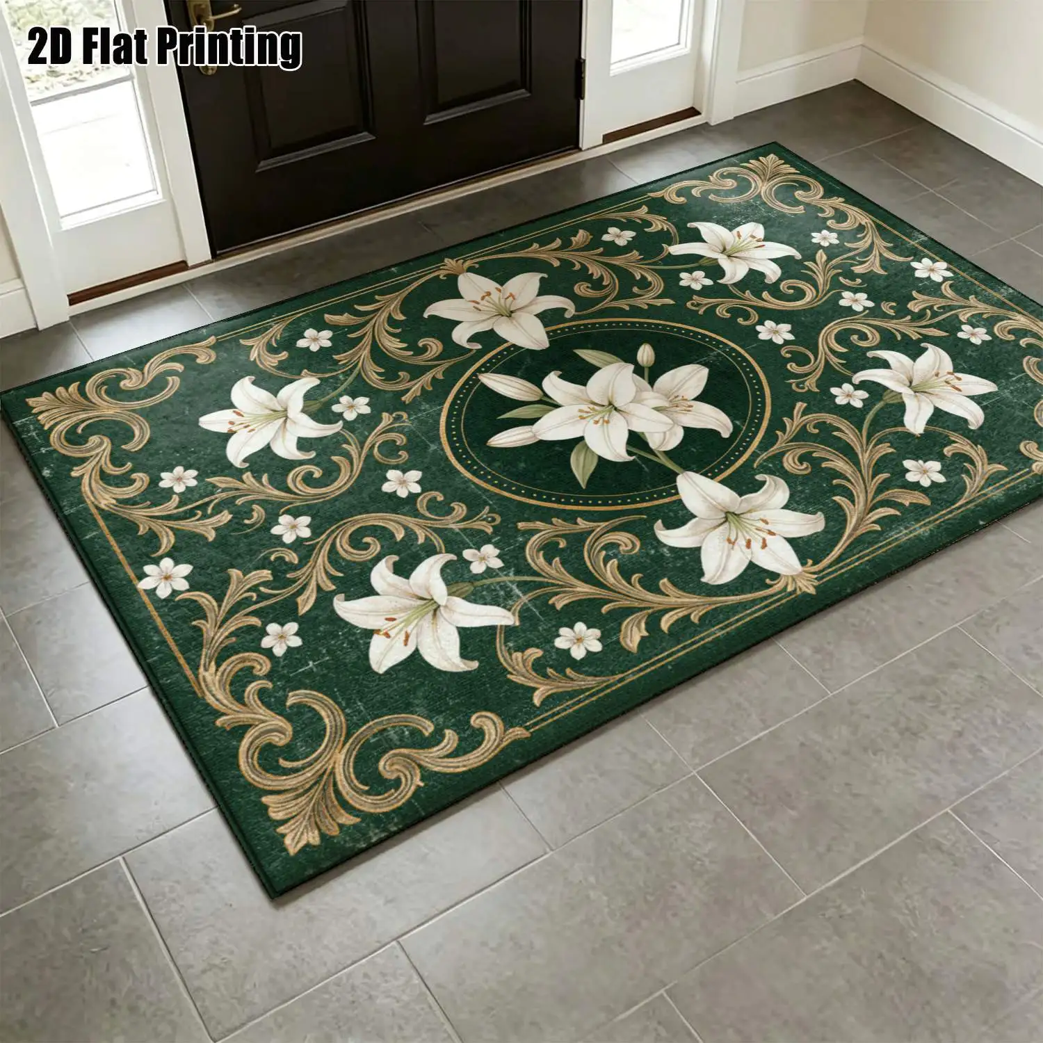 1Pc 2D Printed Dark Green White Lily Vintage European Decor Carpet, Multi-Size Washable, for Entrance, Dining, Living, Bedroom, Study
