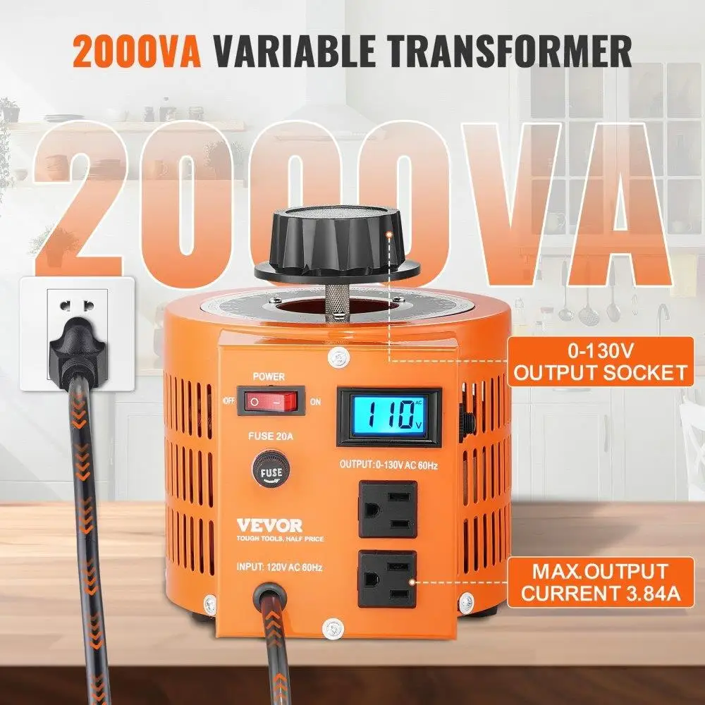 2000VA Auto Voltage Transformer 110V to 130V AC Regulator with LCD, 15.3A, 4 Fuses & Thermal Control for home /Industry