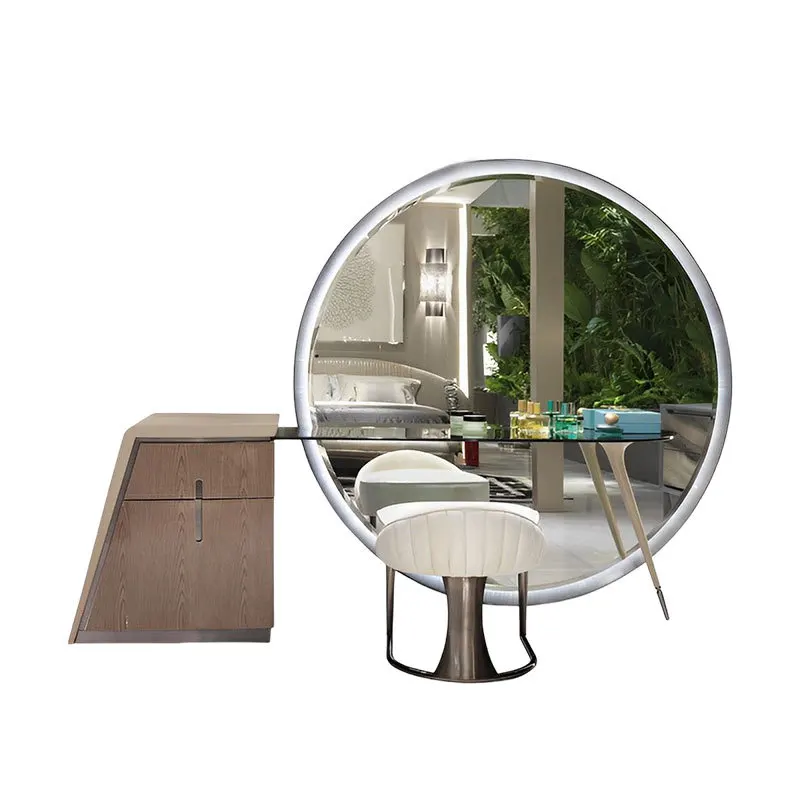 

Light luxury Italian high-end dresser designer floor-to-ceiling large round mirror makeup stool storage cabinet integrated