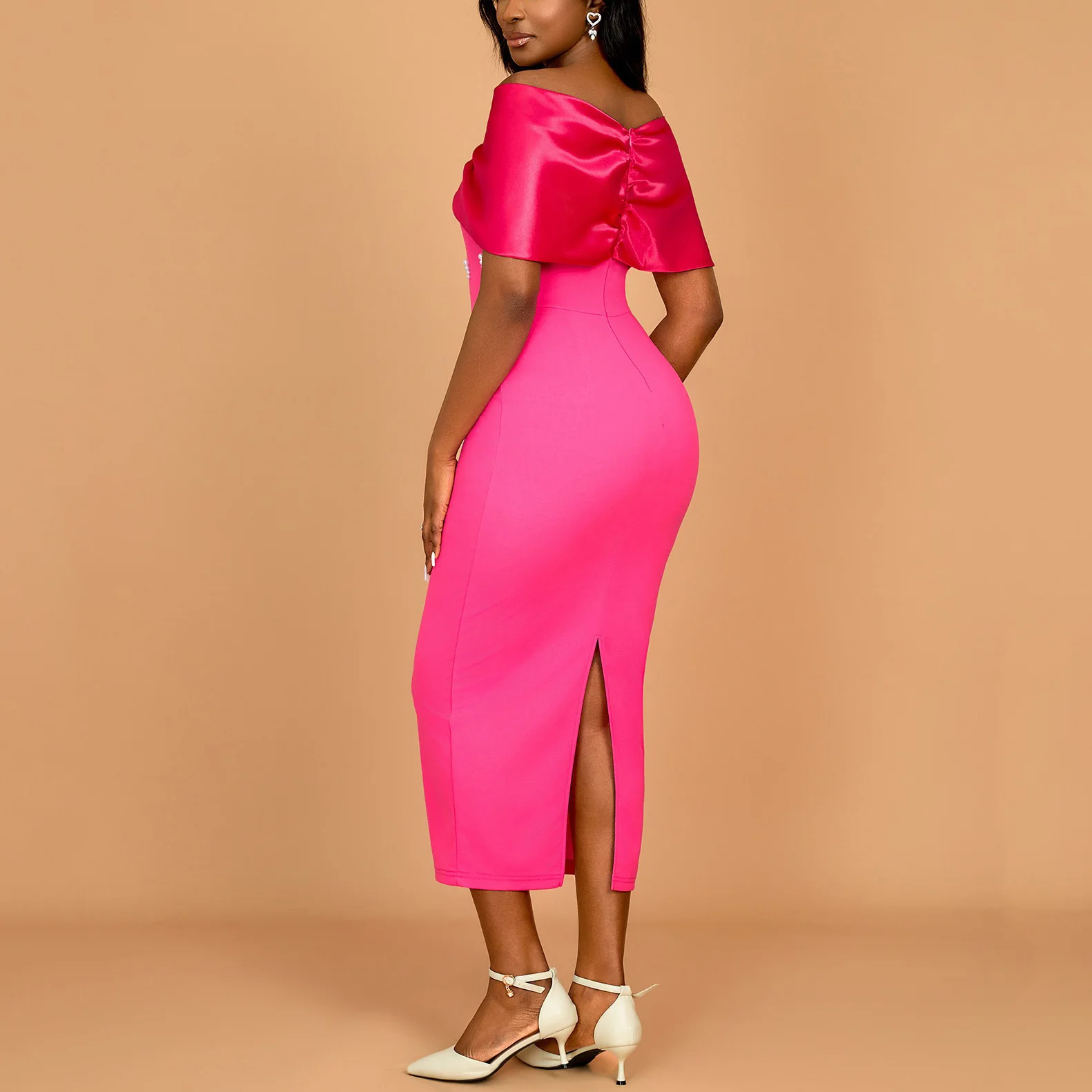 Vestidos elegantes para mujer con hombros descubiertos, lazo grande decorado con cuentas, espalda rosa dividida, media pantorrilla, vestido de boda de fiesta de cumpleaños de lujo