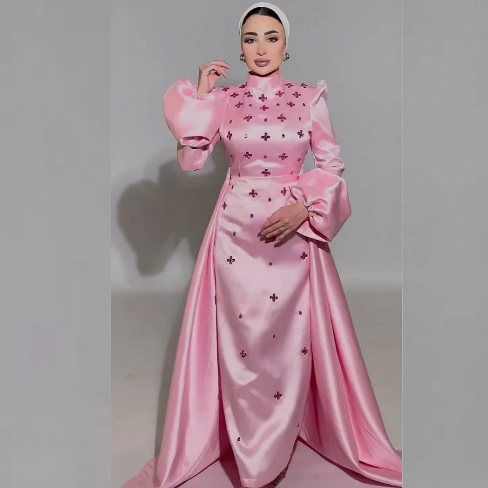 

Customized Exquisite Formal Charmeuse Sequined Pleat A-line High Collar Long Dresses Bespoke Occasion Sexy