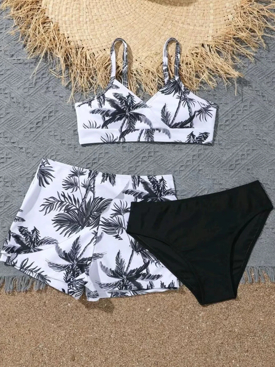 Bikini de palmera para niñas, traje de baño y pantalones cortos de cintura alta, falda de playa, 3 piezas, 2023