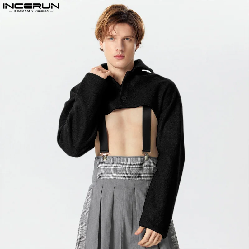 INCERUN 2024 Men's Jackets Solid Color Lapel Long Sleeve Button Fashion Crop Coats Men Streetwear Spring Casual Jackets S-3XL