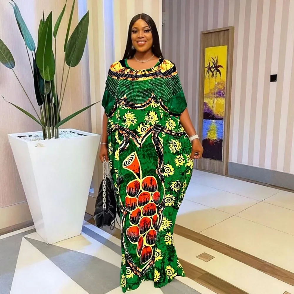 

2025 Summer New Fashion Loose Breathable Ethnic Rhinestone Bubu Dress African Print Women's Plus Size Cotton Long Dress