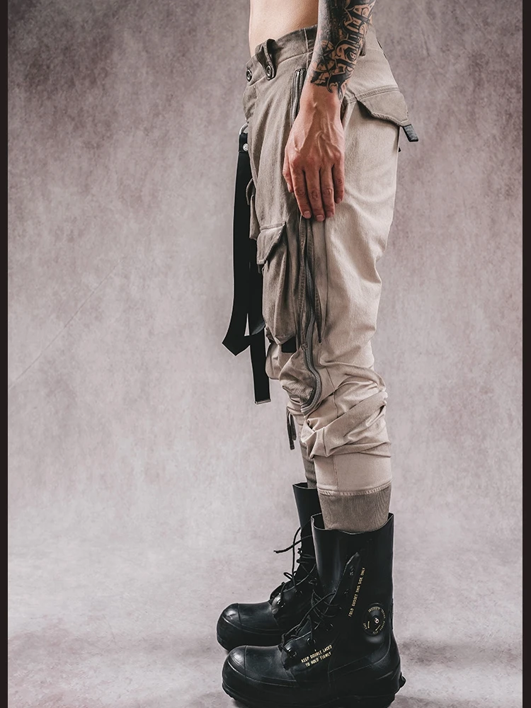 Autumn and Winter Multi-Pocket Techwear Wasteland Wind Drawstring Threads Pants Three-Dimensional Cut Feet Samurai