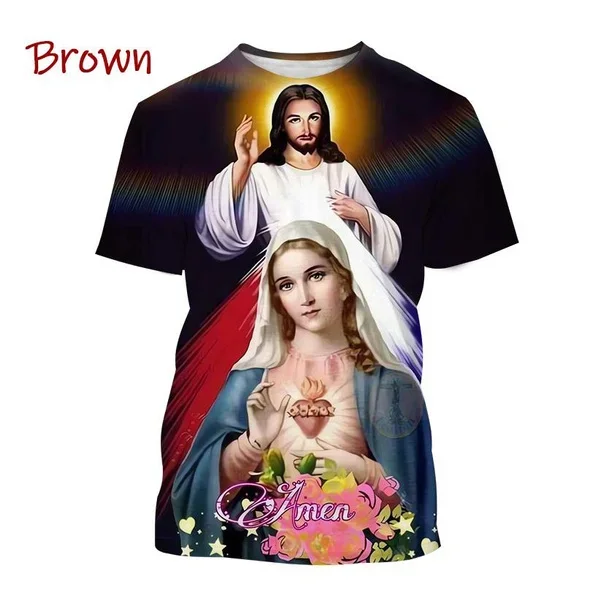 Christian God Jesus Fashionable 3D Printing T-Shirt Casual Round Neck Short Sleeve Mother of God Virgin Mary T-Shirt