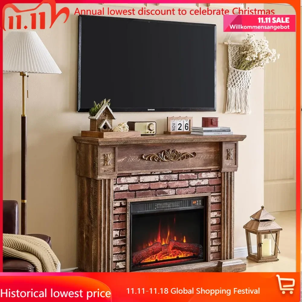 Electric Fireplace with Mantel, Electric Fireplace Heater, TV Stand w/Freestanding Electric Fireplace, Stacked Stone Surround