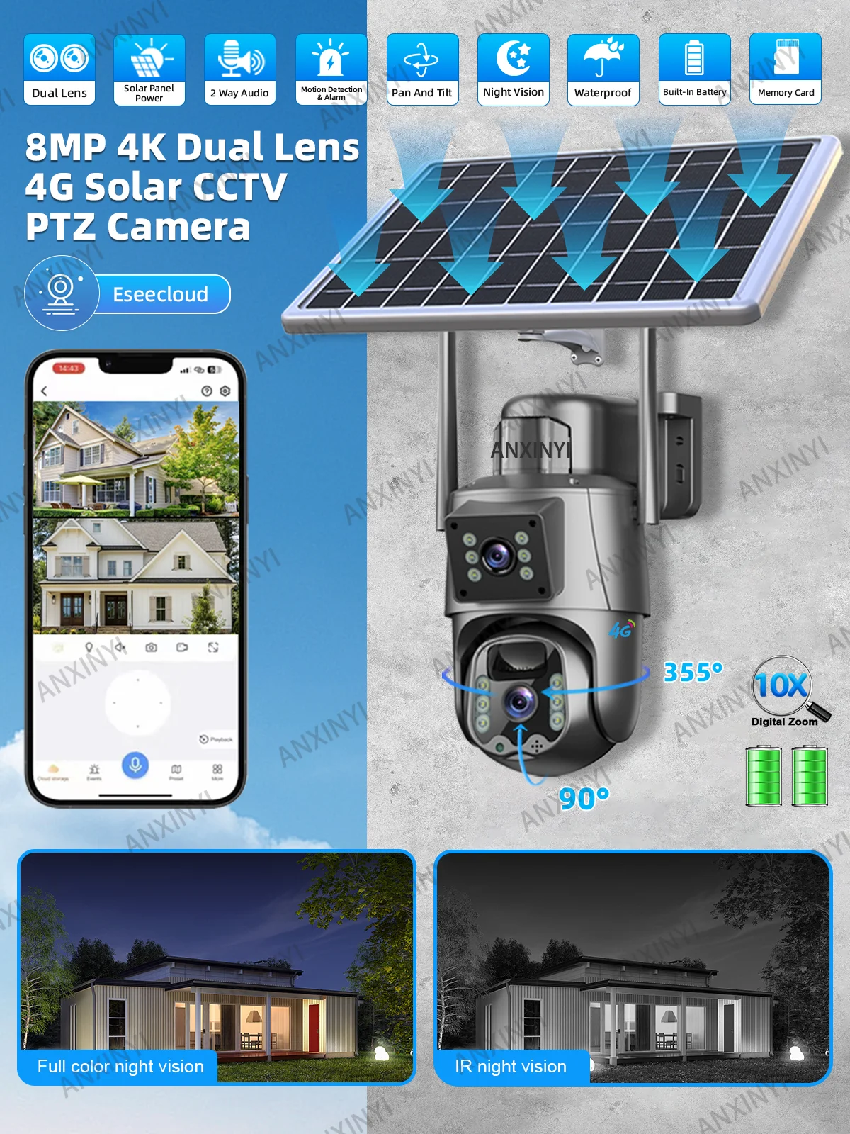 4K 8MP Eseecloud sans fil WiFi/4G carte Sim double objectif Vision nocturne solaire alimenté caméra de sécurité CCTV extérieure
