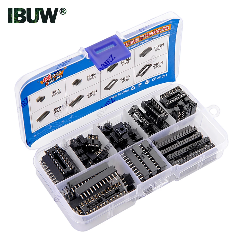 66PCS/lot with Box DIP IC Sockets Adaptor Solder Type Socket Kit 6 8 14 16 18 20 24 28 Pin DIP-6 IC Connector Component