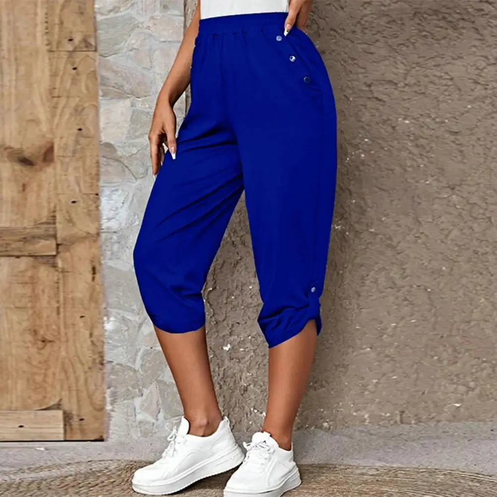 Mid-rise Elastic Waistband Pockets Loose Fit Cropped Pants Women Summer Casual Mid-calf Length Pants