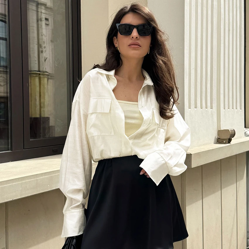 

Linad Office Beige Lapel Shirts With Pockets Autumn Elegant Long Sleeve Woman Blouse Casual Pink Button Up Tops Ladies 2025