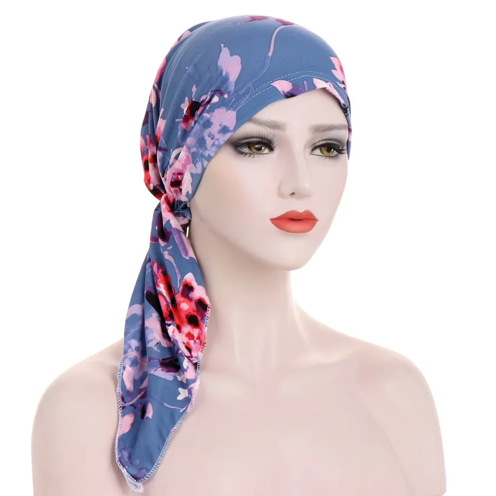 New Women Printed Pre-Tied Turban Cap Muslim Hijab Inner Caps Hair Loss Cover Beanies Bonnet Long Tail Headscarf Strech Bandana