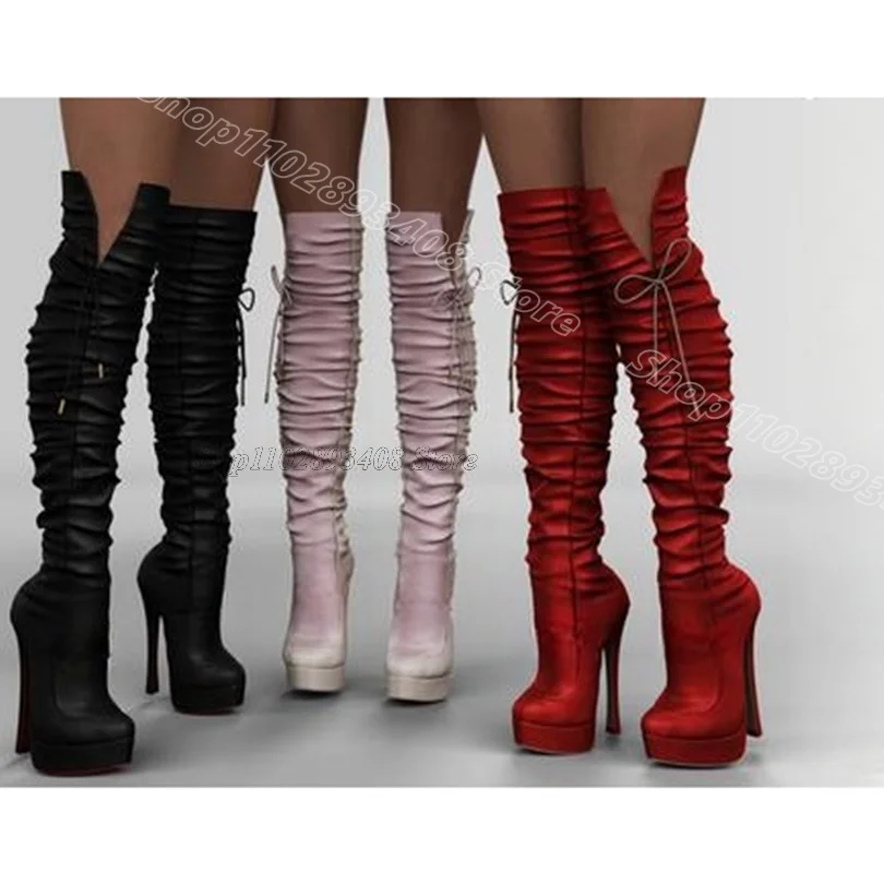 

Red Bowknot Decor Pleated Boots Platform Sweet Style Spring New Fashion Party Women Over Knee Boots 2024 Zapatos Para Mujere