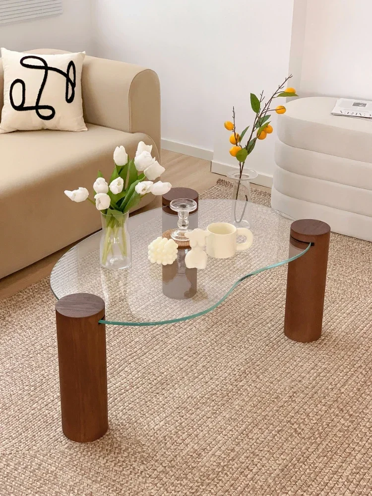 Simple Korean ins cream wind small house type, quiet, special-shaped arc small table, transparent glass tea table