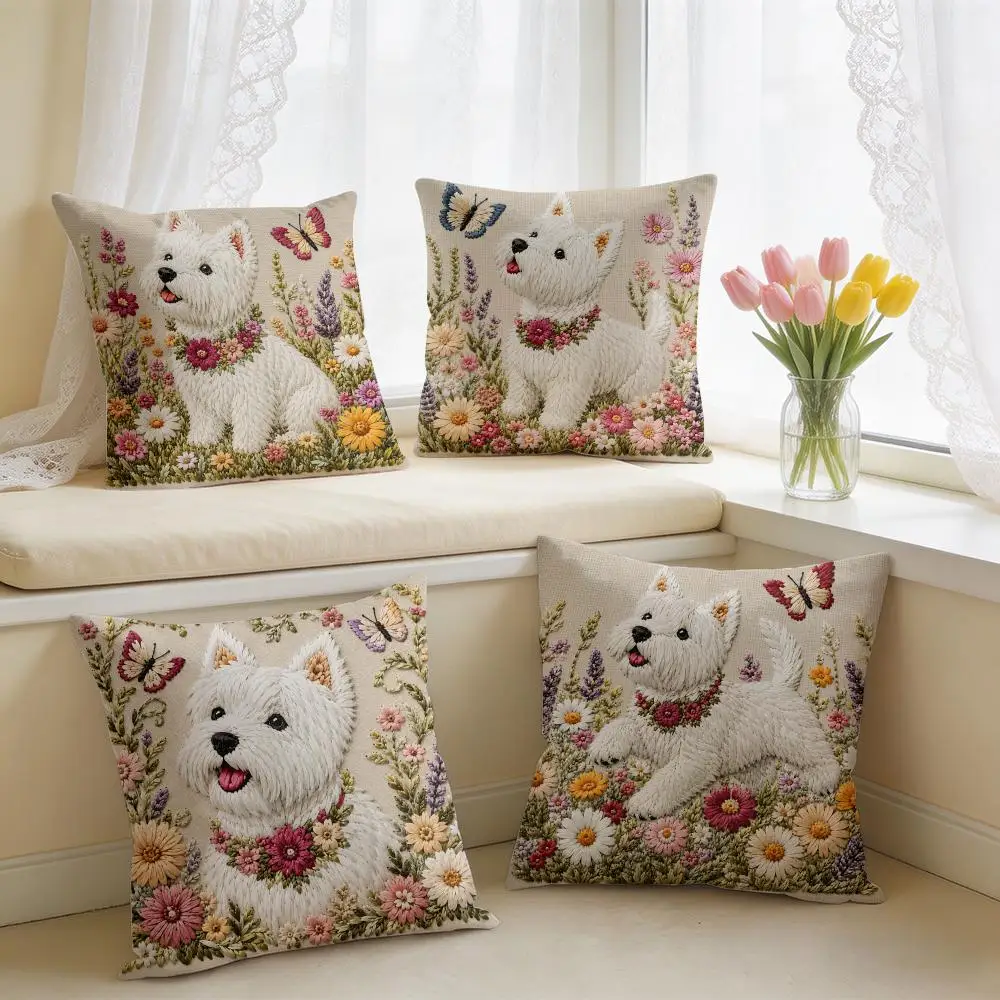 2D Cute Dog West Highland Terrier Flowers Cushion Cover Short Plush Pillow Case Room Sofa Cushion Covers Home Decor Funda