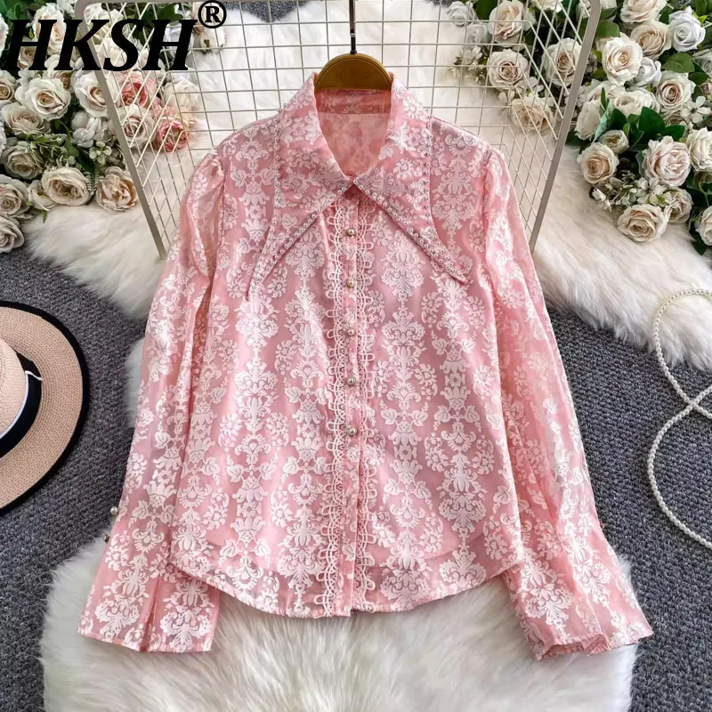 

HKSH Spring Autumn New Women Shirt Lace Embroidery Pointed Collar Single Breasted Long Sleeves Sweet Blouse Elegant Tops HK16455