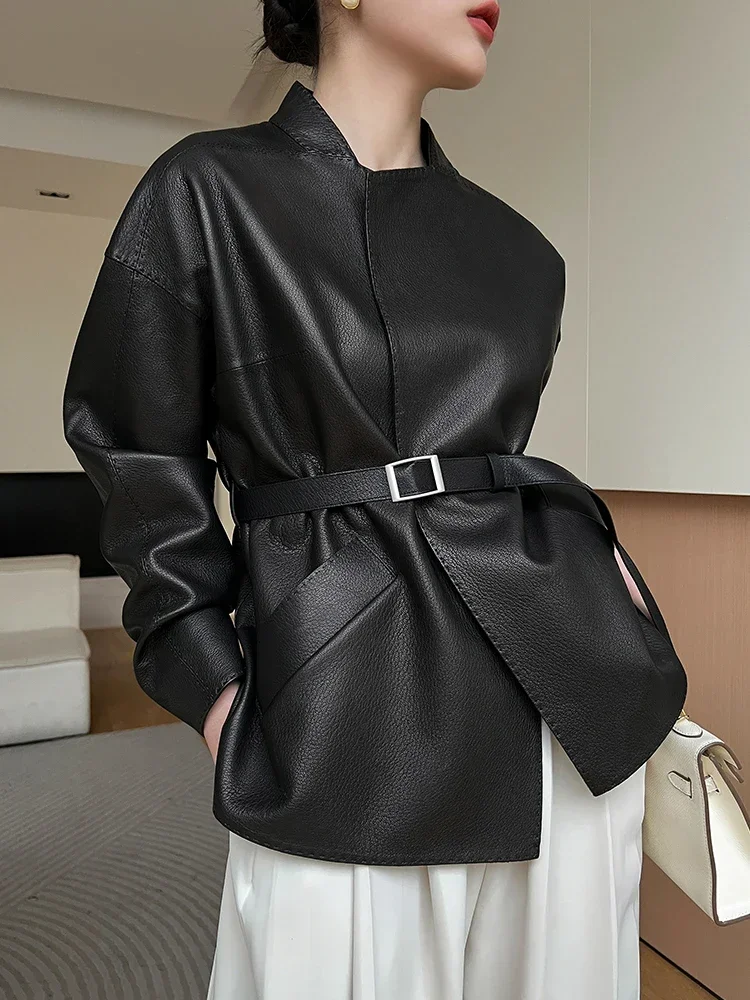 

Black Short Genuine Leather Jackets Women Spring Autumn High-end Simple Stand Collar Deer Texture Real Goatskin Coat with Belt