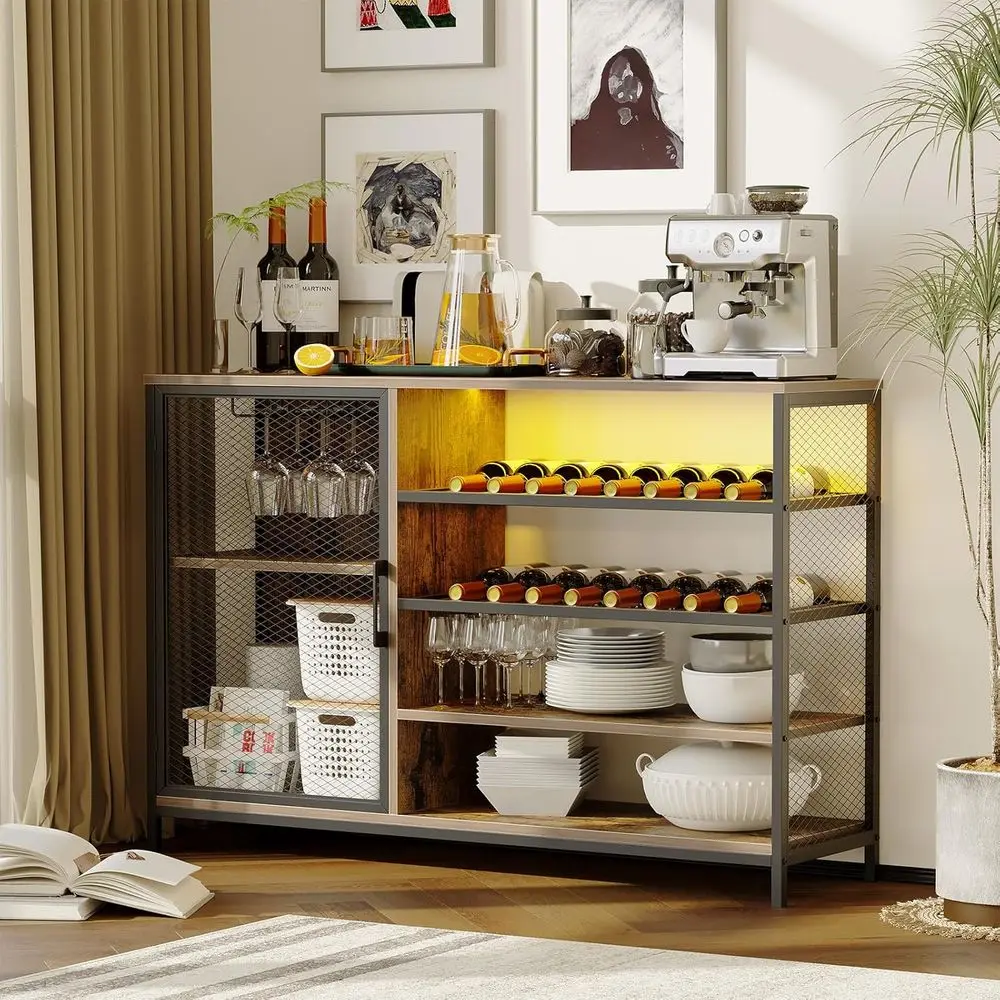 Adjustable LED Light Wine Bar Cabinet, Compact Sideboard with Rack & Cup Holder, Mesh Door Coffee Cabinet for Kitchen, Dining, L
