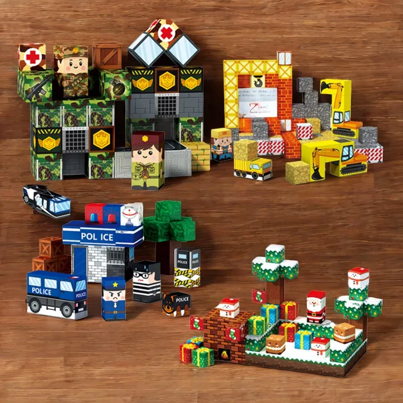 اللبنات المغناطيسية مشهد شرطة المدينة هدية عيد الميلاد الشخصيات العسكرية الألغام طفل لغز DIY بناء لعبة تعليمية الهدايا