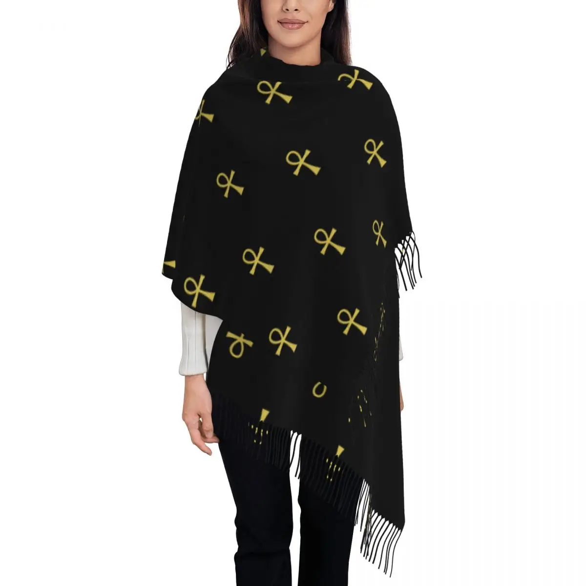 Ladies Long Ancient Egyptian Symbol Ankh Key Of Live Scarves Women Winter Soft Warm Tassel Shawl Wrap Scarf