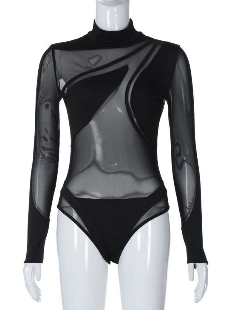 Black Sheer Mesh Turtleneck Bodysuit -Long Sleeve Cutout See Through Slim Fit Nightwear Clubwear Sexy Bodycon One Piece Lingerie