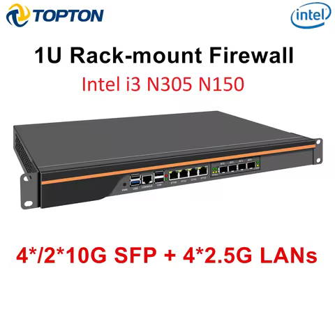 Topton 4*/2*10G SFP+ 19 inch 1U Rack Mount Mini PC Intel N150 4 Cores 4*i226-V 2.5G LAN Enterprise Server Firewall Industrial PC