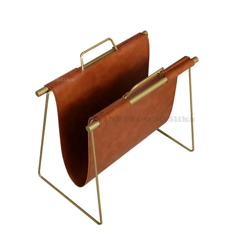 

Golden Metal Magazine Rack, Double Layer PU Leather Bookshelf, File Book Organizer, Nordic Holder, Elegant Office Storage