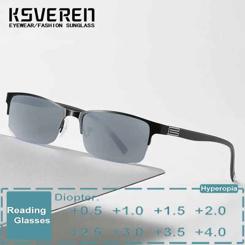 

KSVEREN Men Business Half Frame Reading Glasses Women Presbyopic Eyeglasses Outdoor Sunshade Sunglasses Prescription Glasses