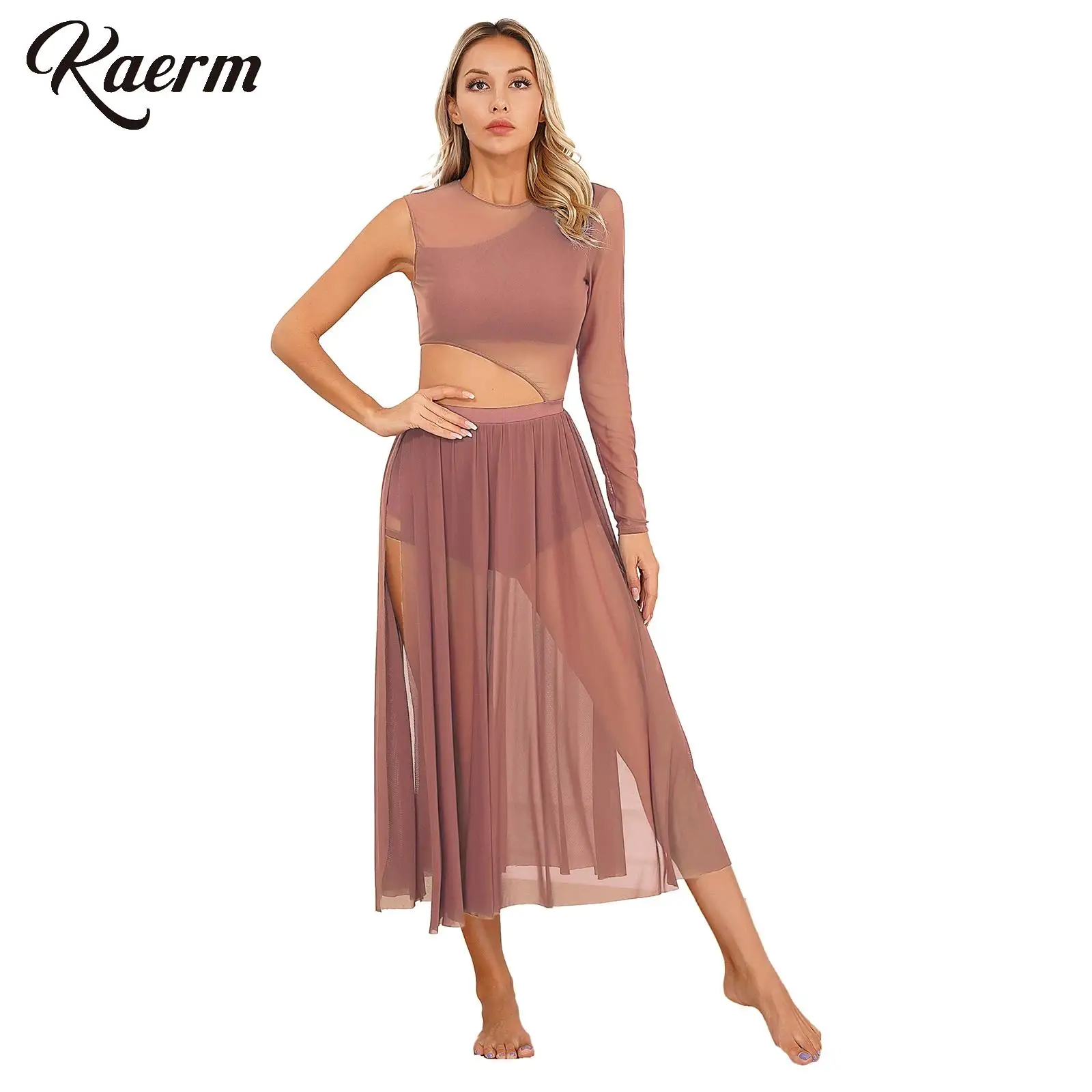 

Womens High Quality Modern Lyrical Dance Costume Cutout Dresses Side Split Sheer Mesh Skirt for Ballet Samba Dance Wear Clothing