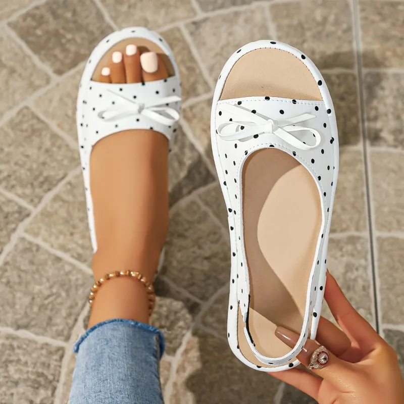 Women's Wave Point Style Round Open Toe Comfortable Lightweight Bow Embellishment Sandals Women Elegant Fashion Summer Sandals