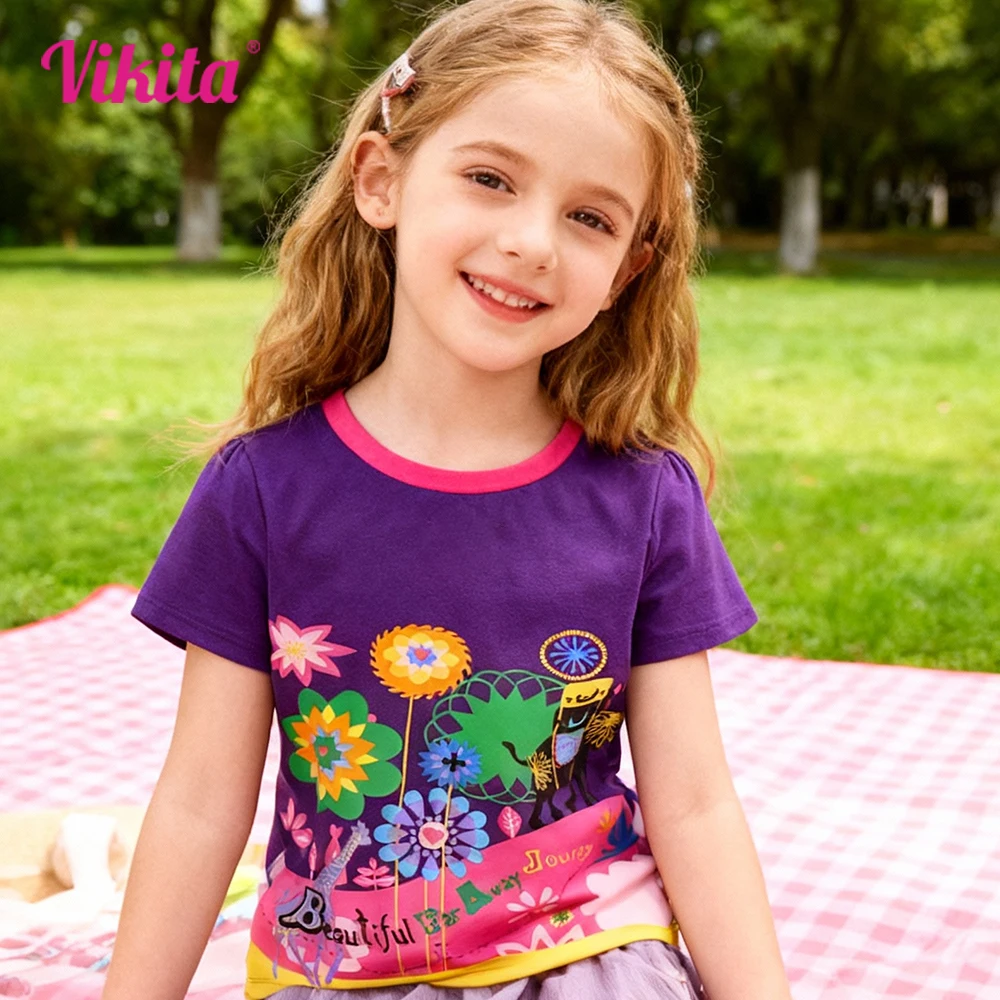Kinder-T-Shirt mit lila Blumendruck, kurzärmelig, für Kinder, Baumwolle, lässig, Tierdruck, Tops und T-Shirts, Kleinkinder, lässig, Outdoor-Reisen