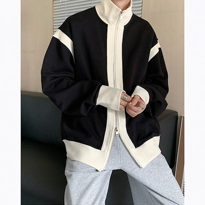 

Bla White Splice Stand Collar Men's Jaet Autumn Trendy High-End Feeling Haome Double Zipper Patchwork Knitted Cardigan