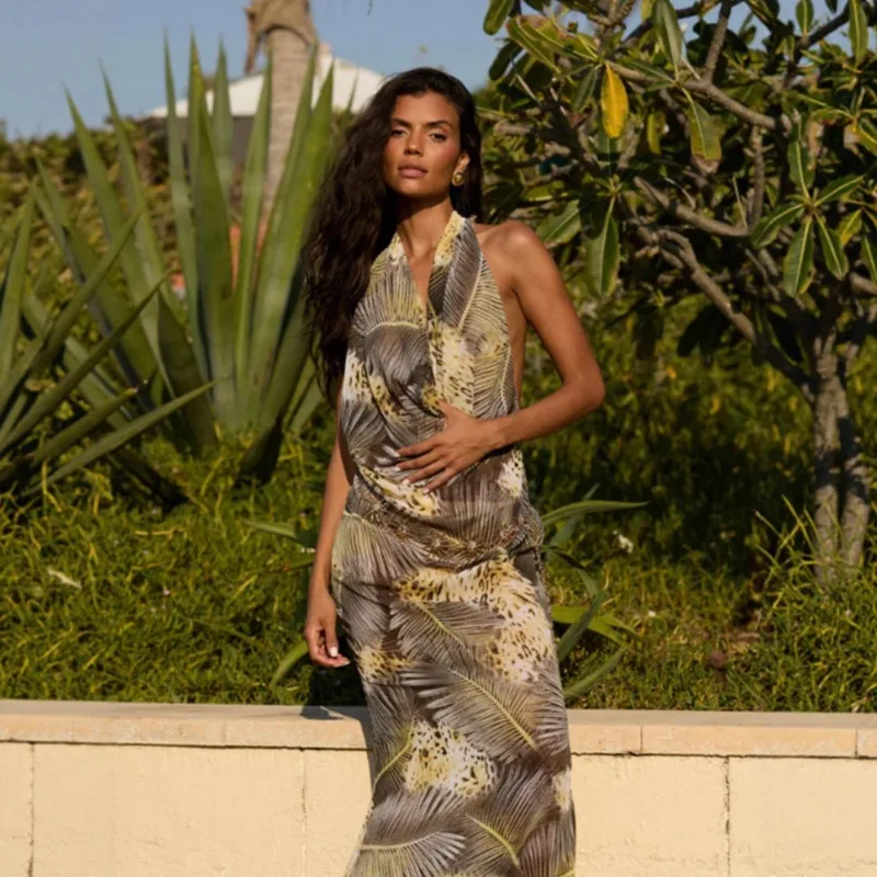 Sukienka maxi w stylu boho z dekoltem typu halter, wycięciem w kształcie litery V, na wakacje, seksowna, damska, z nadrukiem, w stylu bohemy, plażowa, elegancka, bez rękawów, z odkrytymi plecami.