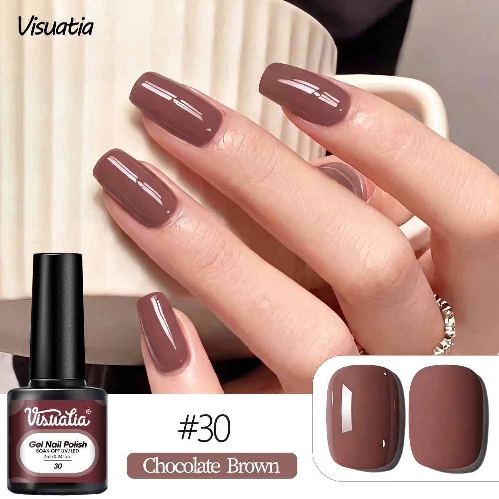 Visuatia # 30 Chocolate Brown Solid Color Gel Polish, 7ml Removable Nail Polish. Classic Maillard color series, with rich layers when applied thinly or thickly. It can be used directly for single-color manicures or as a base for other designs. It provides even color application and stable color retention, making it a must-have color for autumn and winter manicures.