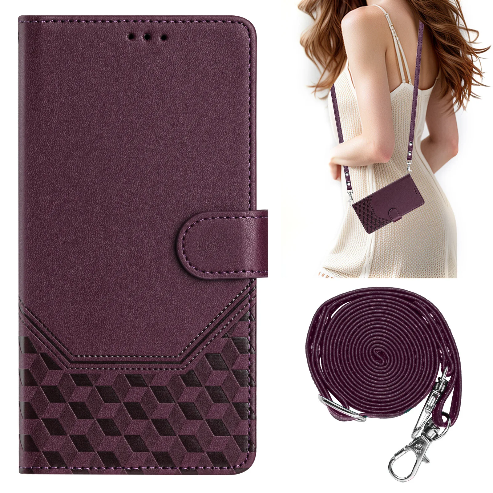Honeycomb Crossbody Leather Wallet Case For Samsung Galaxy S21 Plus S20 Ultra S10 Lite S9 Lanyard Phone Cover 3 Cards Slot Cover