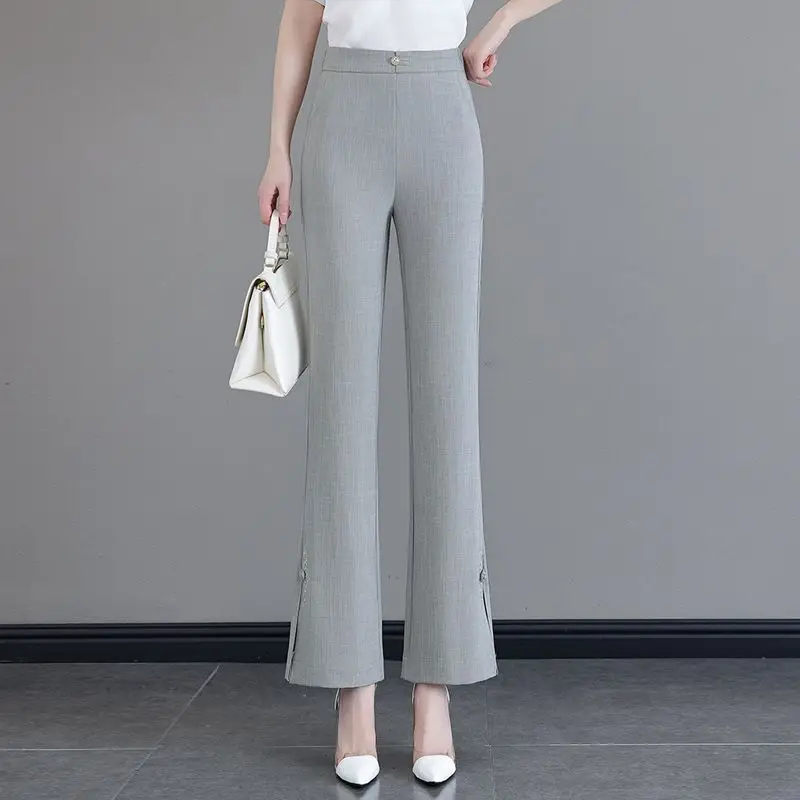 

New Chinese-style Women's 2025 Summer Thin Elegant Ice-feel Slit Embroidered Flared Pants