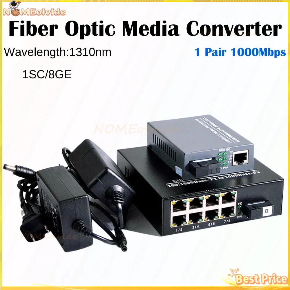 

1 Pair 1000Mbps Fiber Optic Media Converter Gigabit Signlemode 1 CH*SC 8 CH*RJ45 Transceiver RJ45 Receiver Media Converter