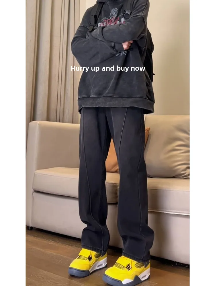 

American Hiphop Men's Jeans Spring Autumn 2024 New Sle High Street Waed Vintage Wide Leg Straight Cut Trousers